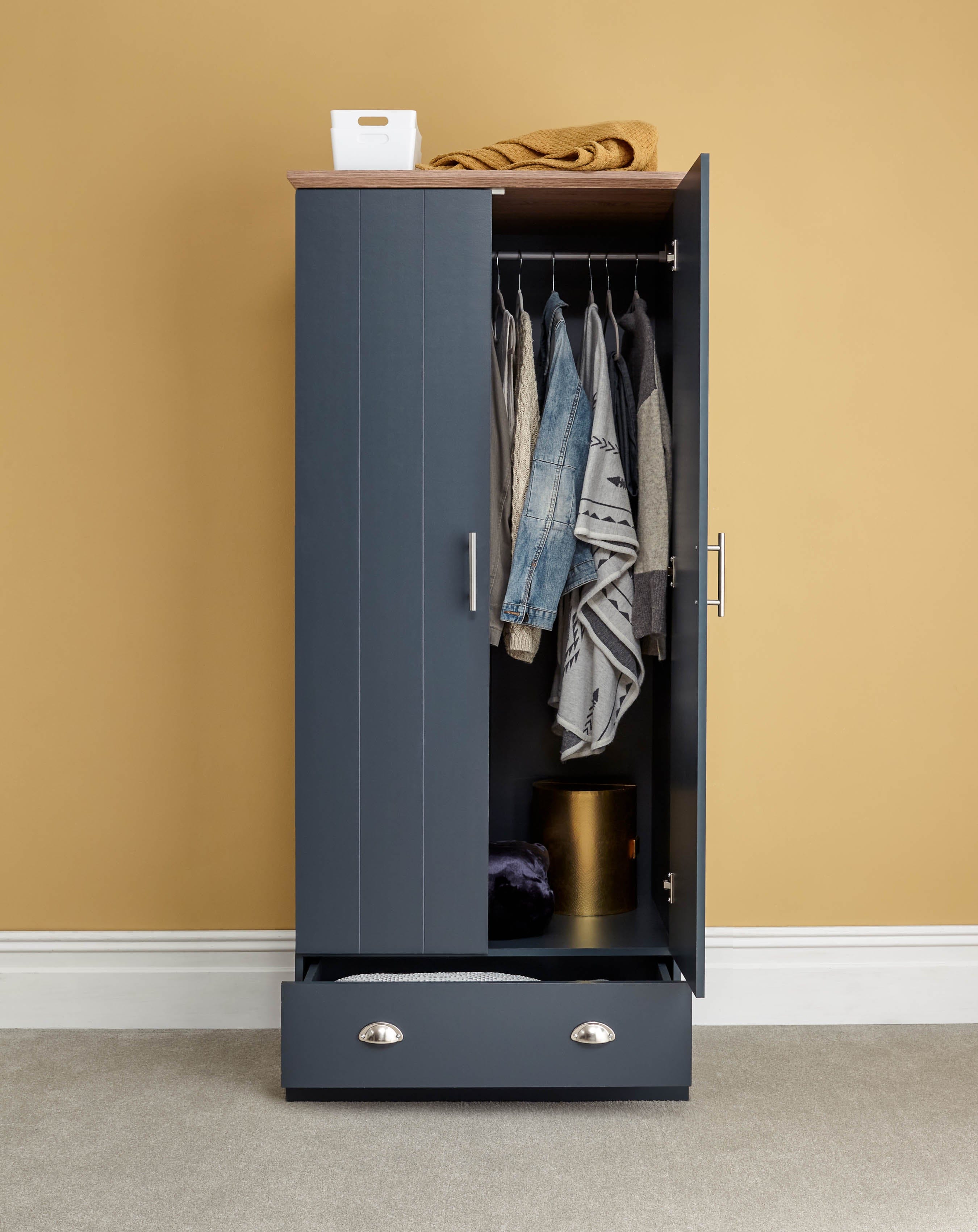 GFW Wardrobe Kendal 2 Door 1 Drawer Wardrobe Slate Blue Bed Kings