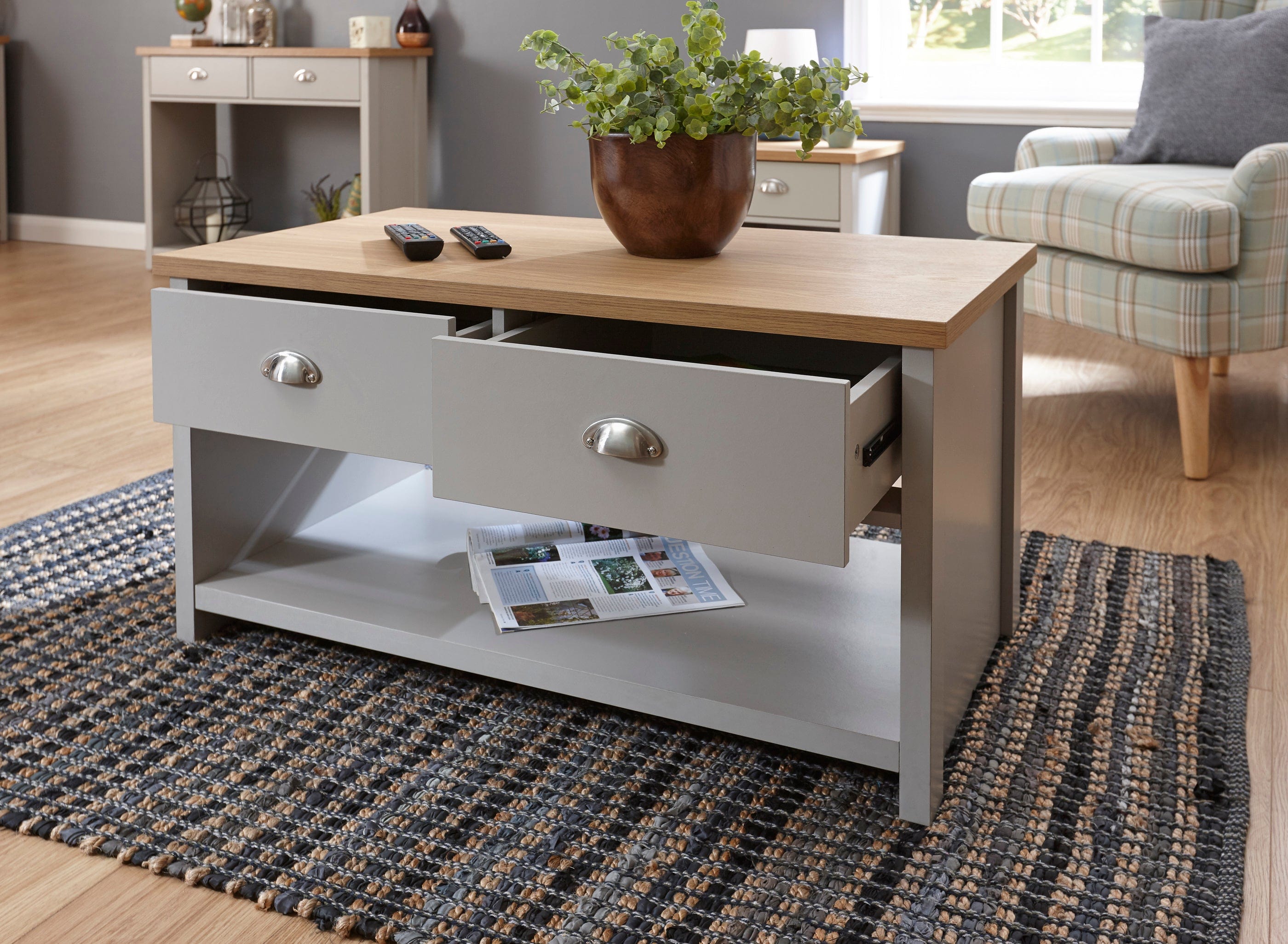GFW Coffee Table Lancaster 2 Drawer Coffee Table Grey Bed Kings