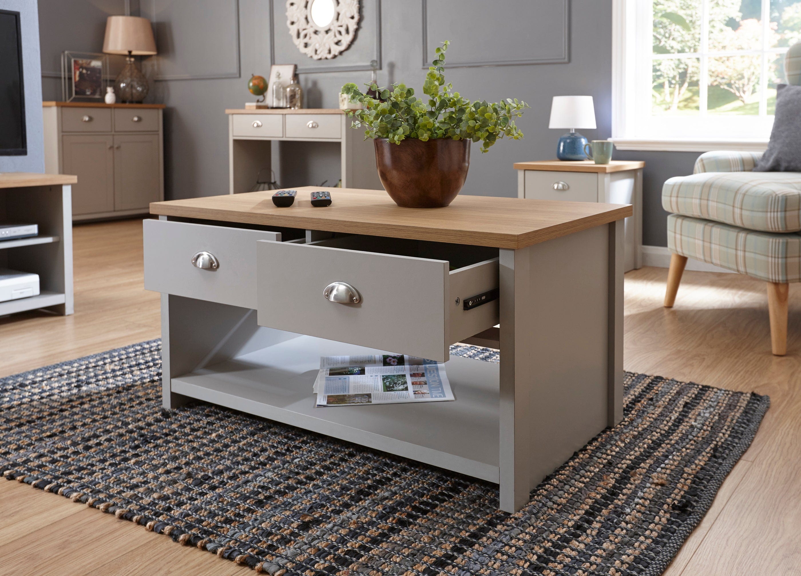 GFW Coffee Table Lancaster 2 Drawer Coffee Table Grey Bed Kings