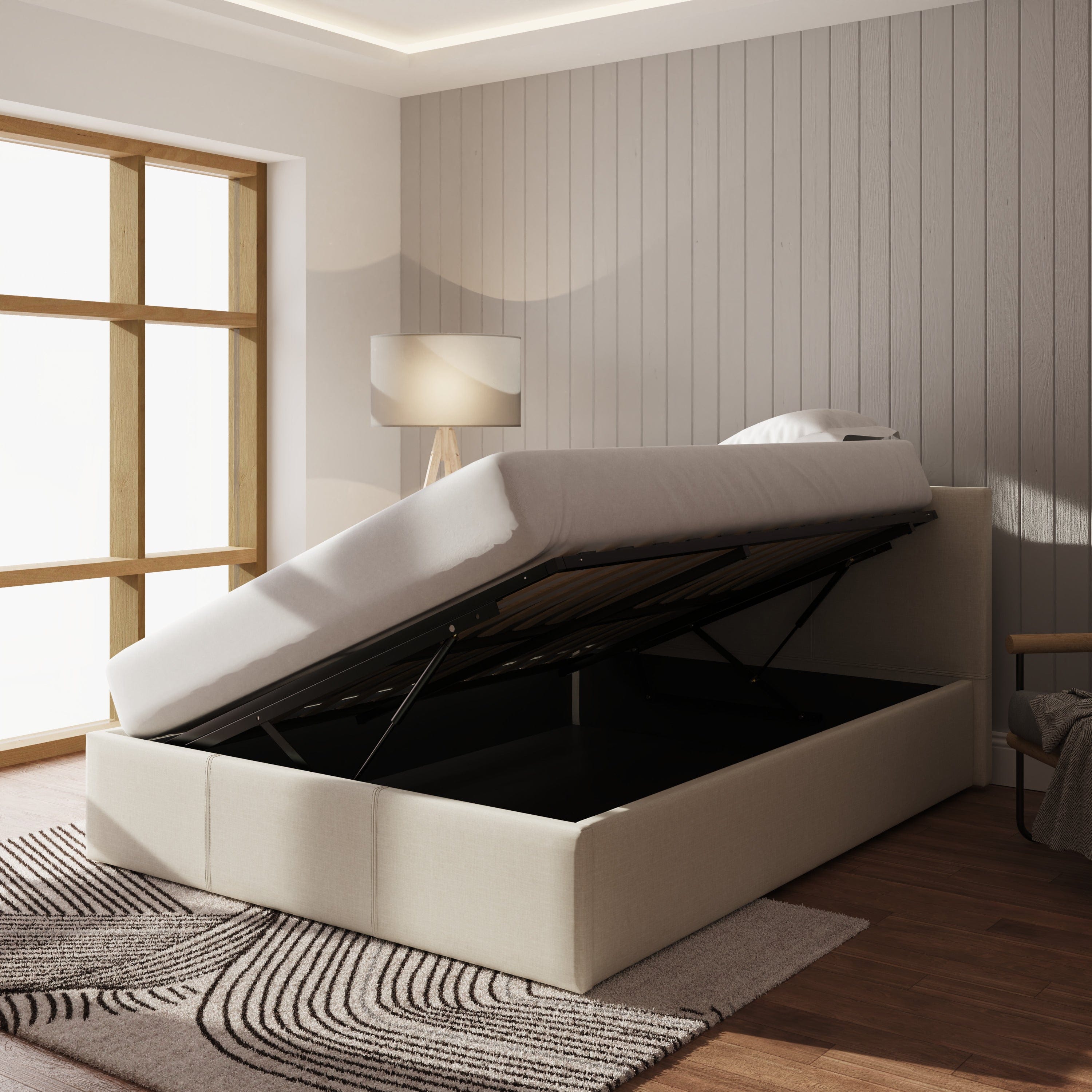 GFW Fabric Bed Side Lift Ottoman Bed Natural Bed Kings