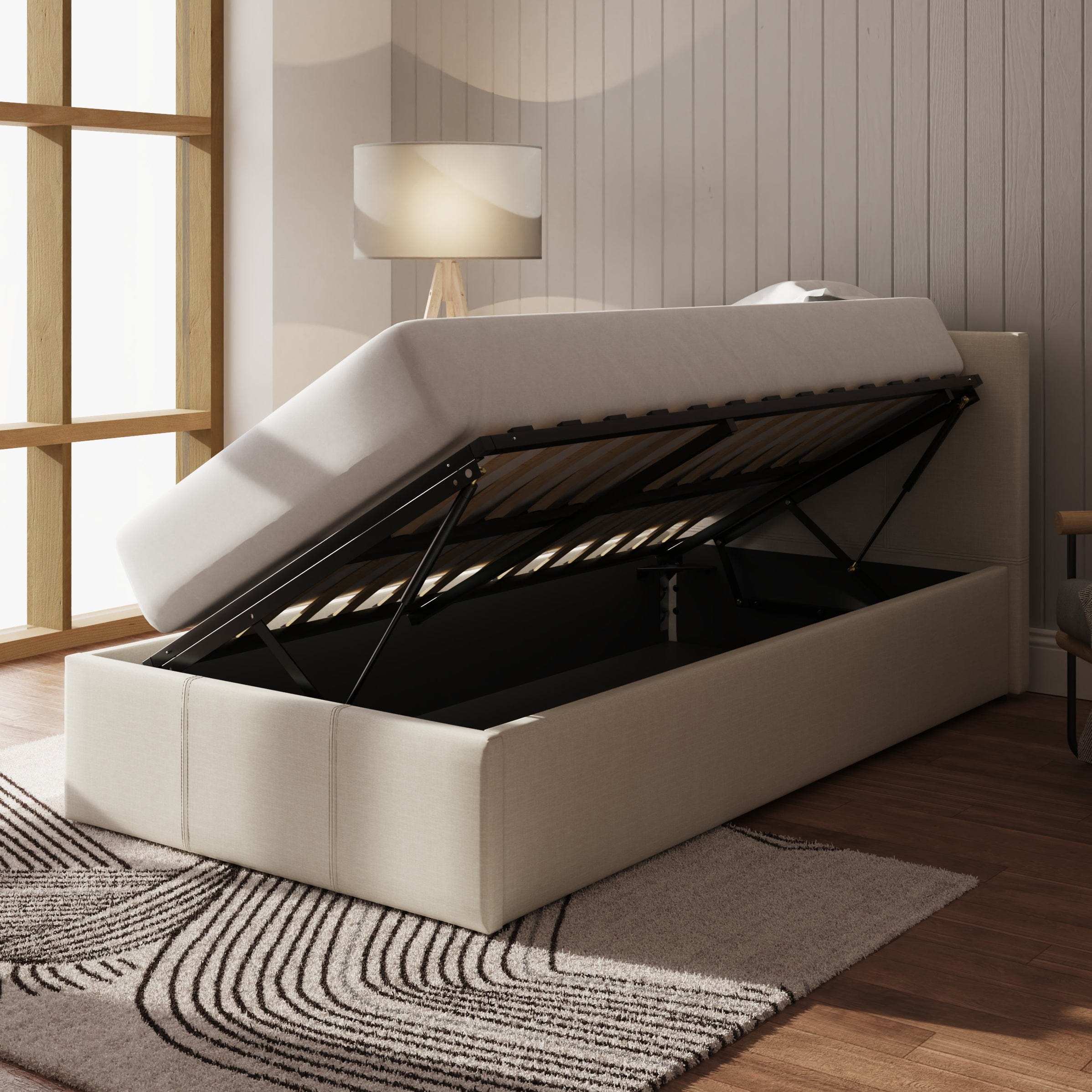 GFW Fabric Bed Side Lift Ottoman Bed Natural Bed Kings