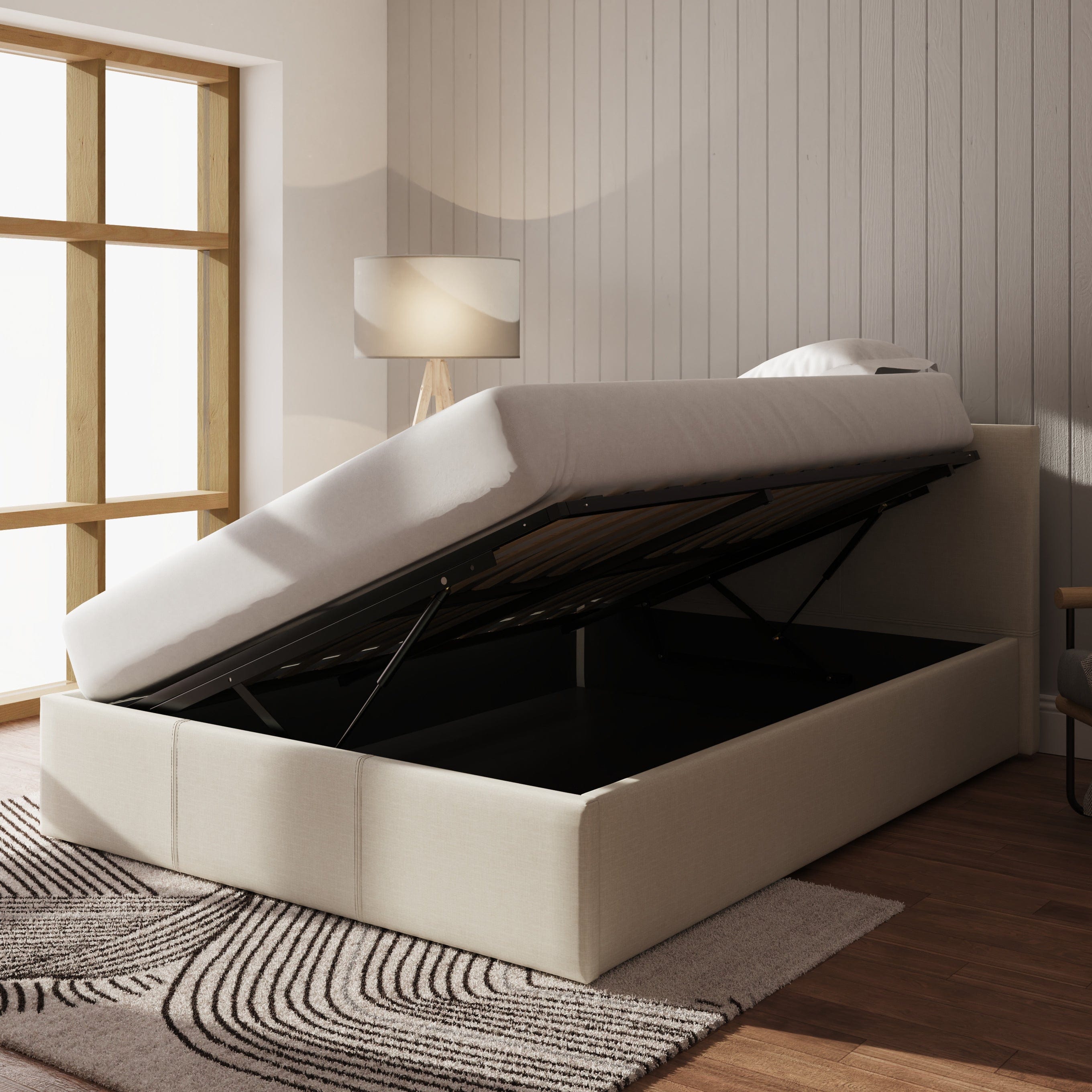 GFW Fabric Bed Side Lift Ottoman Bed Natural Bed Kings