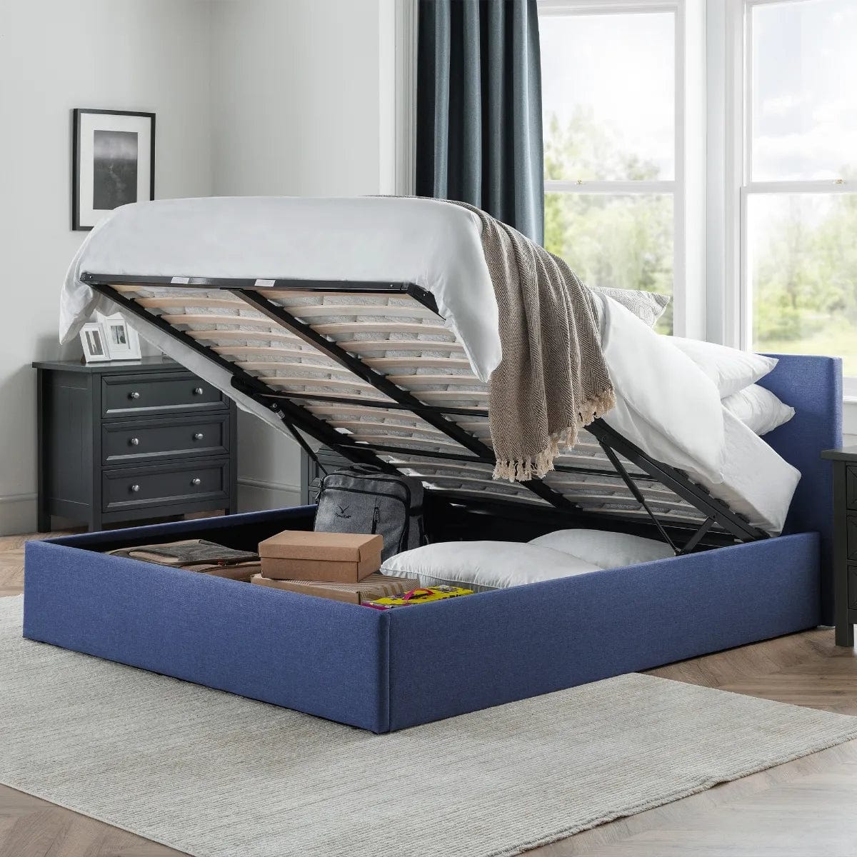 Julian Bowen Fabric Bed Rialto Lift-Up Storage Bed - Blue Linen Bed Kings
