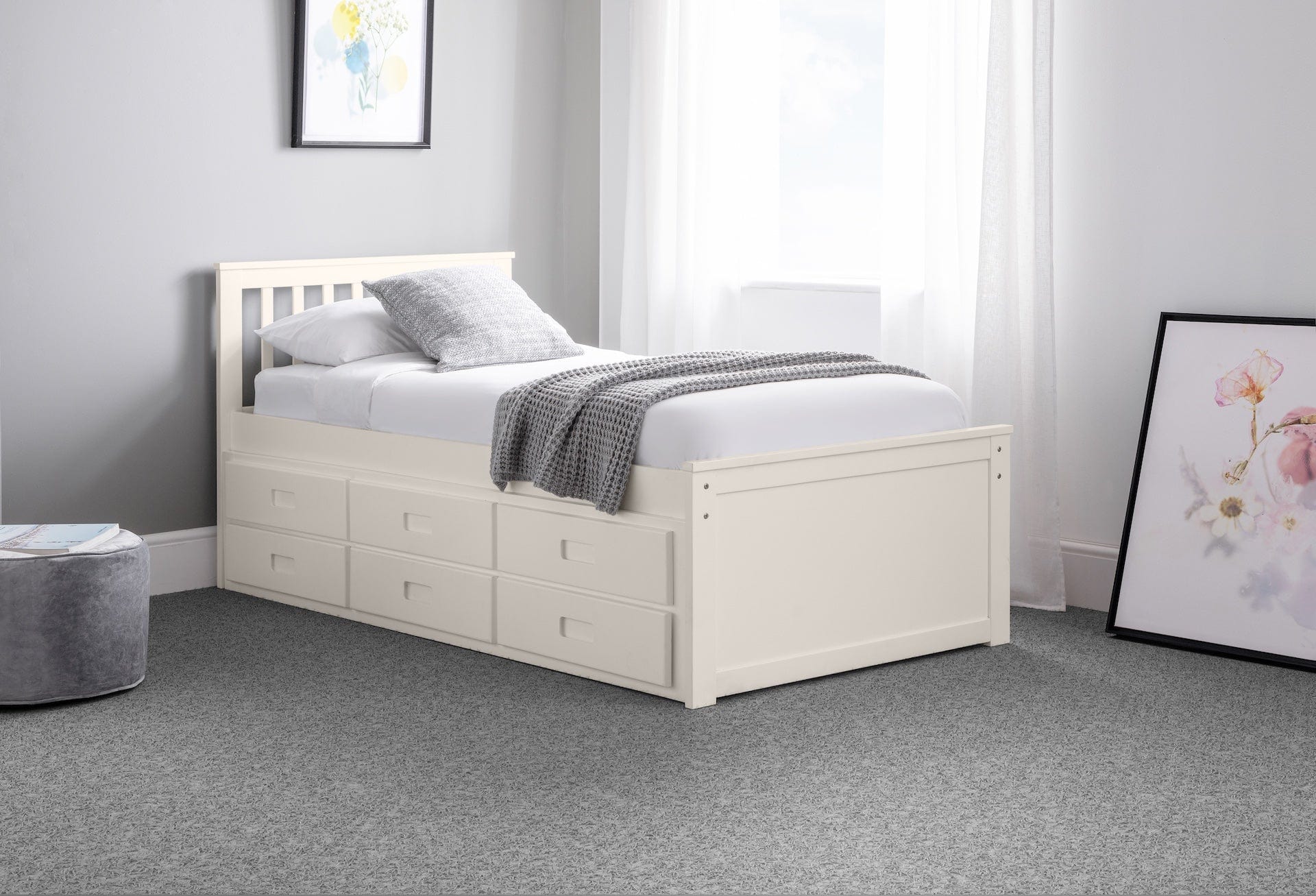 Julian Bowen Guest Bed Single 90cm 3ft Maisie Bed With Underbed And Drawers - Surf White Bed Kings