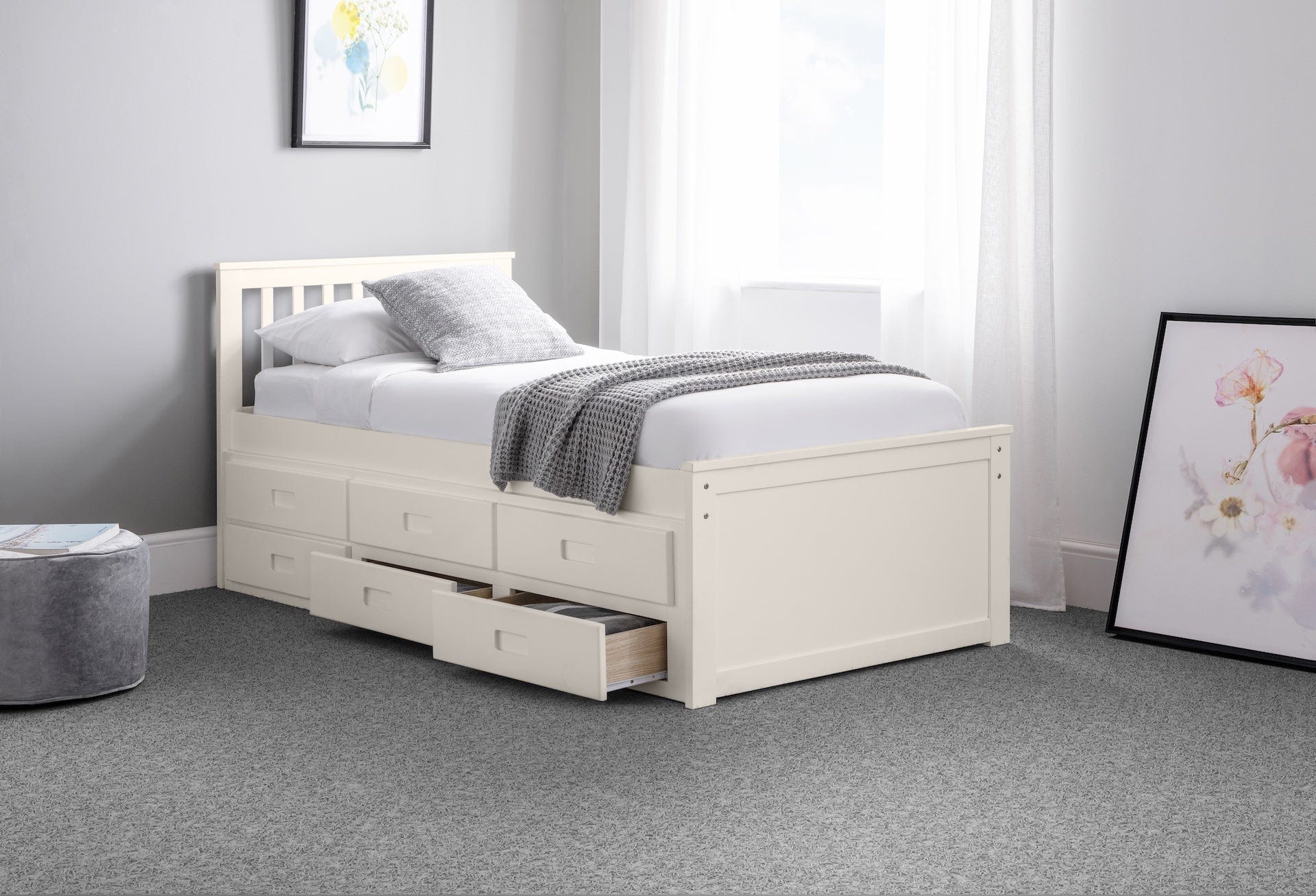 Julian Bowen Guest Bed Single 90cm 3ft Maisie Bed With Underbed And Drawers - Surf White Bed Kings