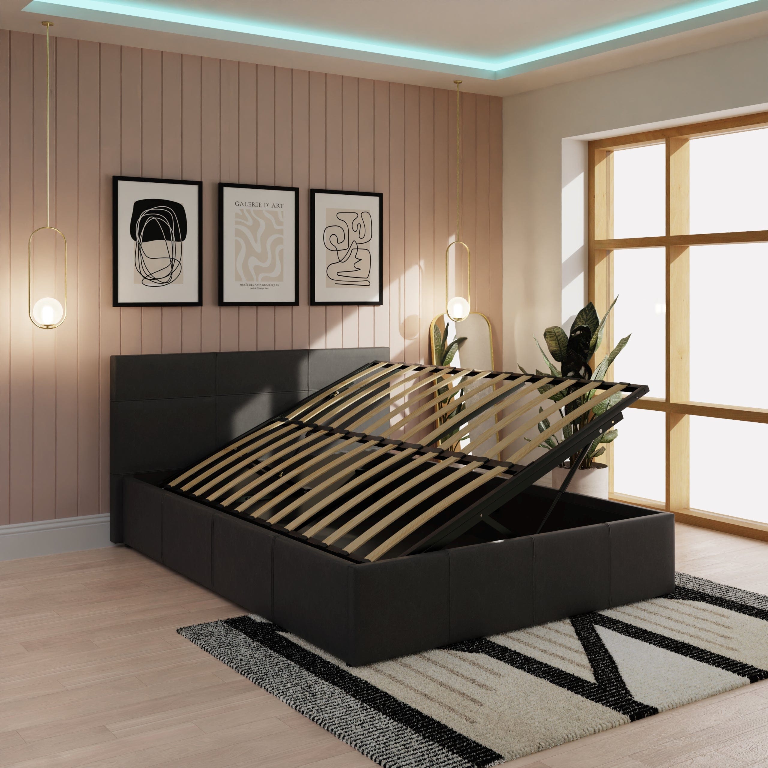 GFW Leather Bed Side Lift Ottoman Bed Black Bed Kings