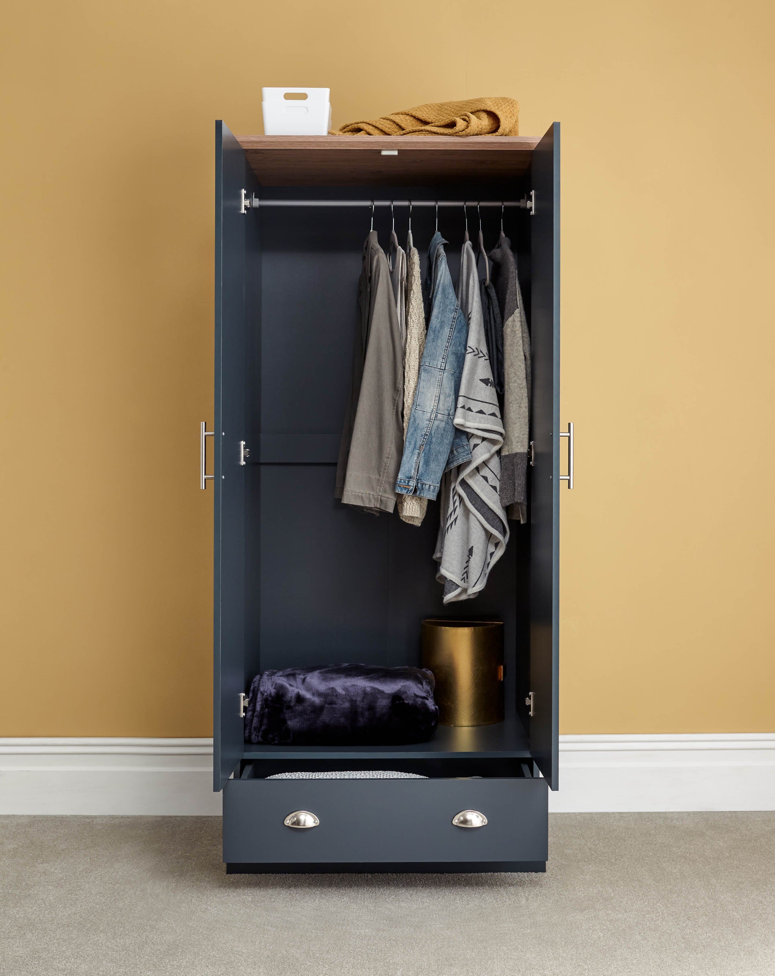 GFW Wardrobe Kendal 2 Door 1 Drawer Wardrobe Slate Blue Bed Kings