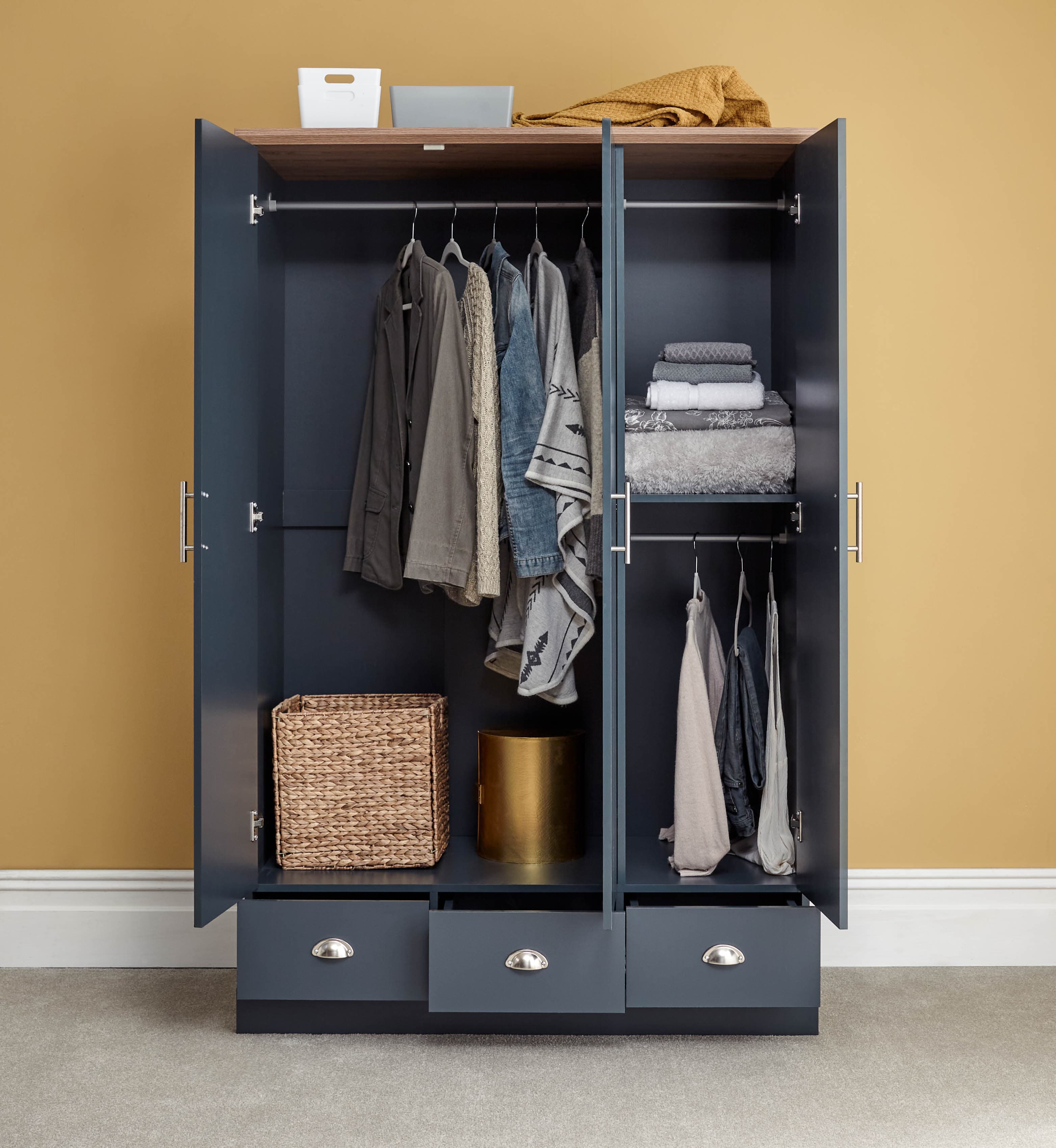 GFW Wardrobe Kendal 3 Door 3 Drawer Wardrobe Slate Blue Bed Kings