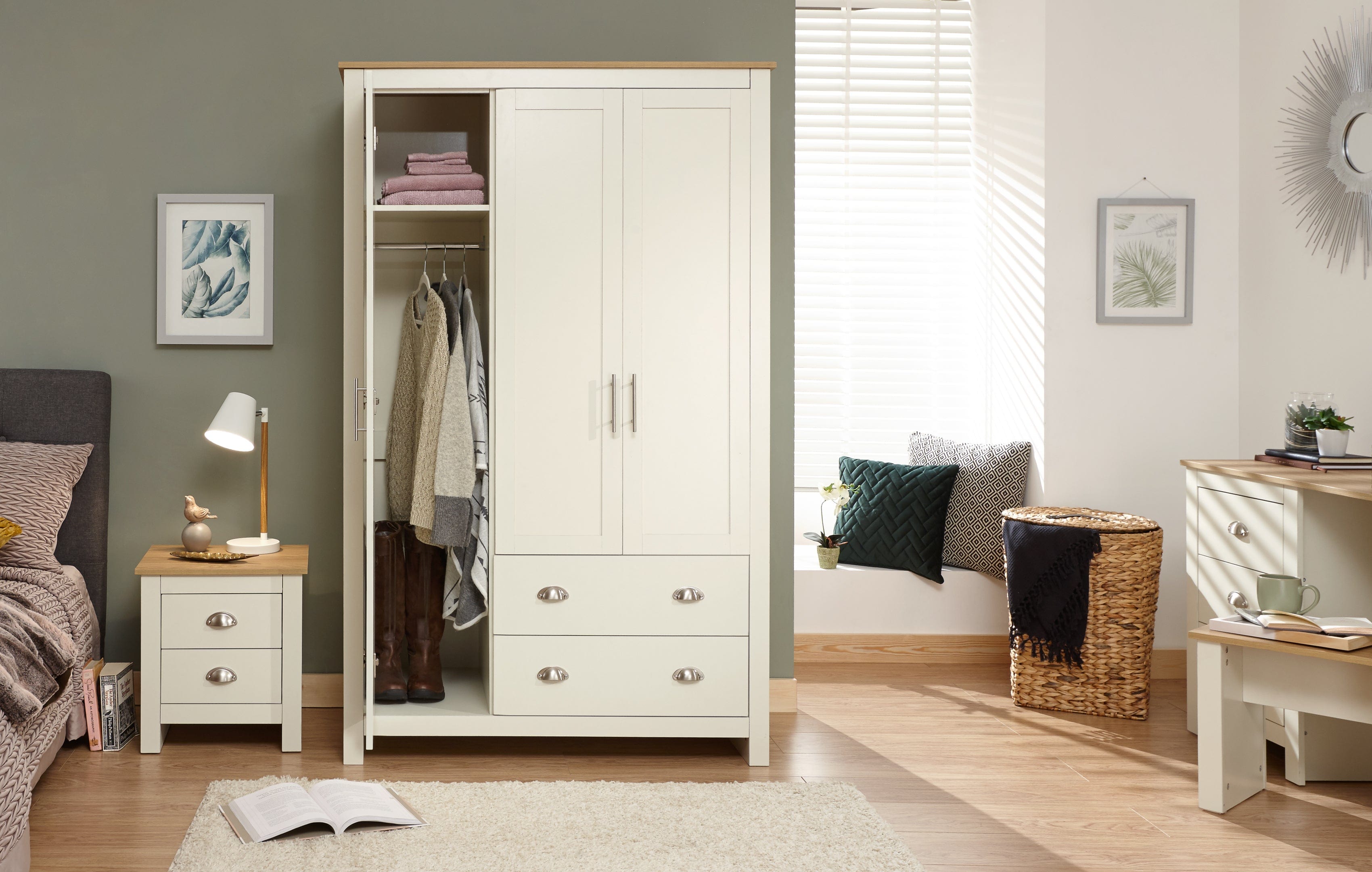 GFW Wardrobe Lancaster 3 Door 2 Drawer Wardrobe Cream Bed Kings