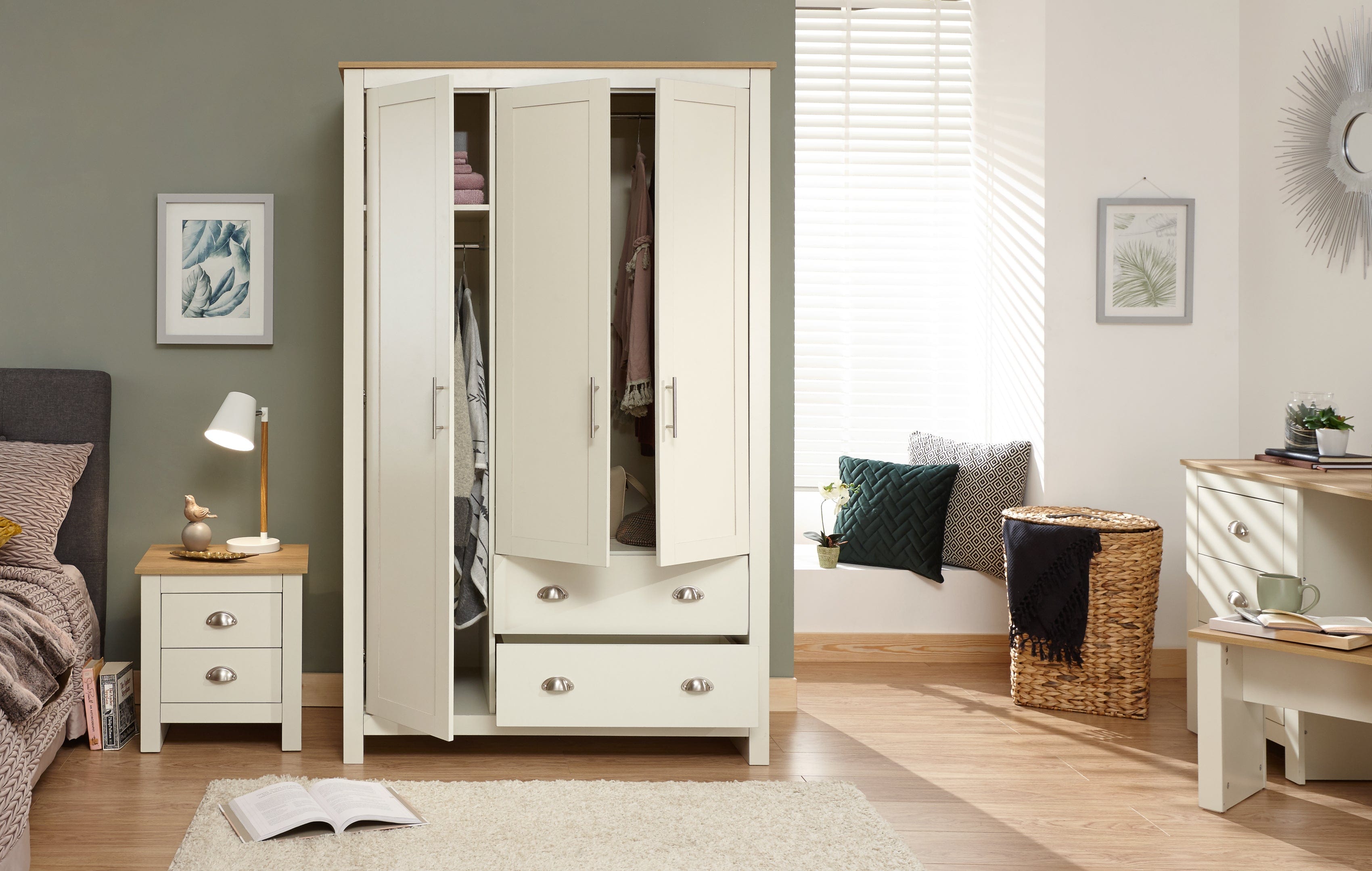 GFW Wardrobe Lancaster 3 Door 2 Drawer Wardrobe Cream Bed Kings