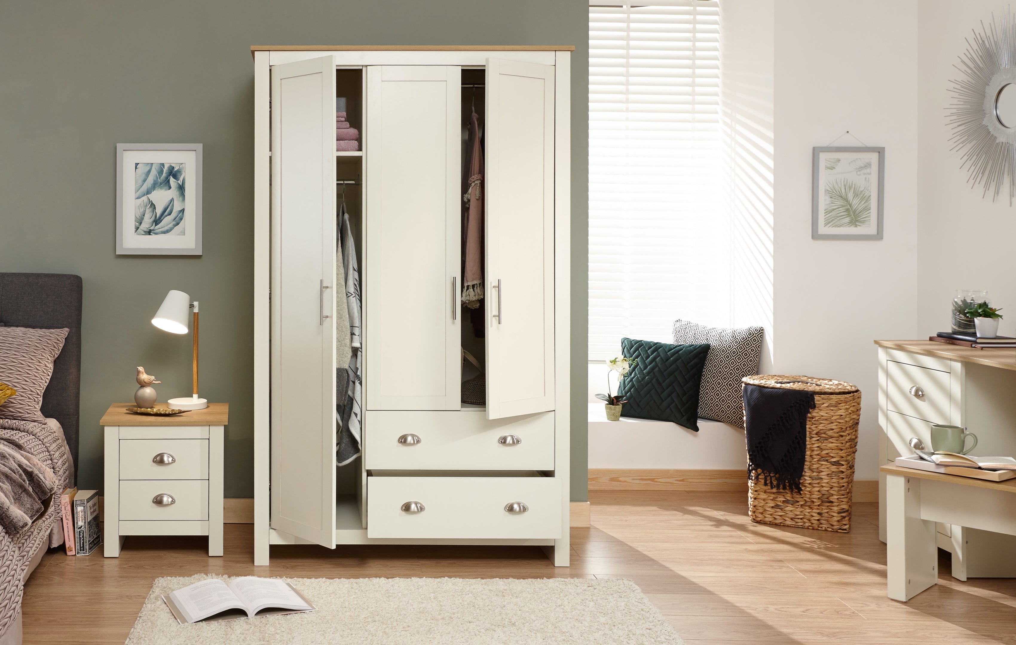 GFW Wardrobe Lancaster 3 Door 2 Drawer Wardrobe Cream Bed Kings